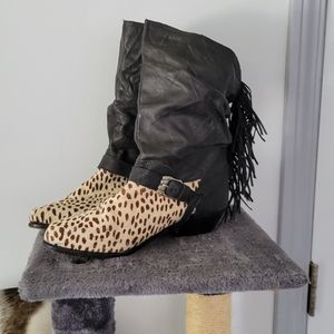 Men's horsehair and leather slouch boots with fringe animal print. 9.5 D